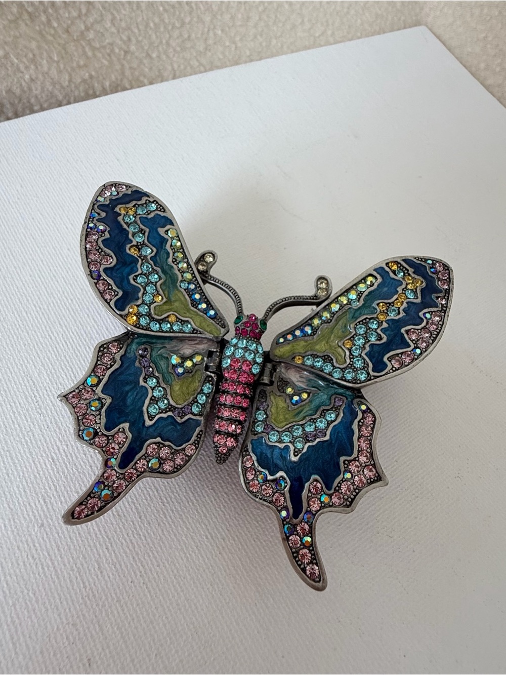 Vintage Enamel & Rhinestone Butterfly Trinket Box / Figurine Jeweled Crystal